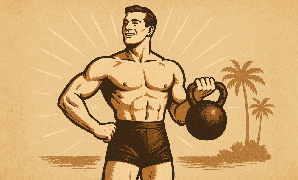 Vintage-Illustration eines muskulösen Mannes im Stil von Eugen Sandow mit Kettlebell am Strand