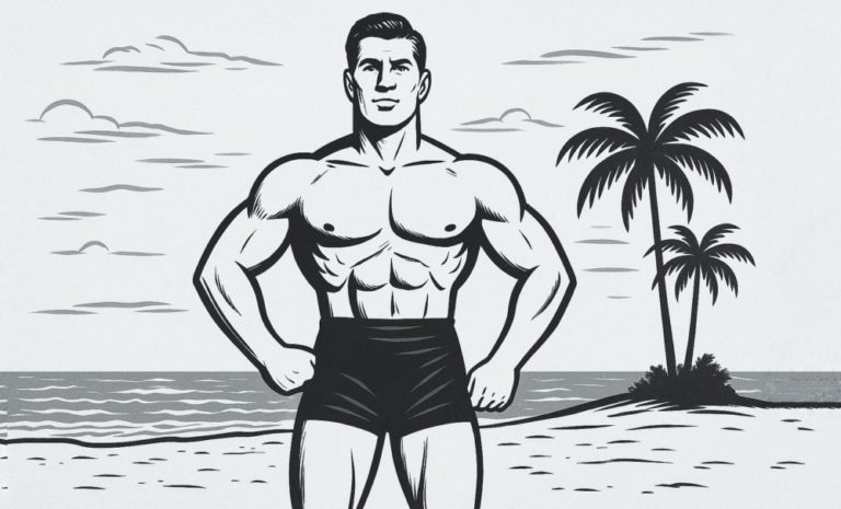 Vintage-Zeichnung eines muskulösen Mannes am Strand – inspiriert vom klassischen Herkules-Stil à la Steve Reeves
