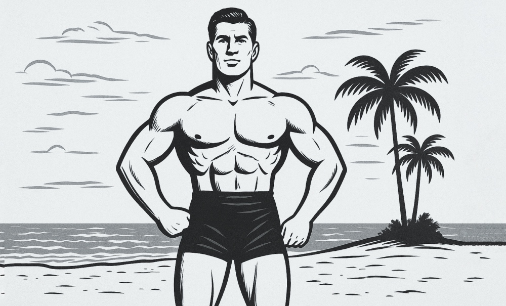 Vintage-Zeichnung eines muskulösen Mannes am Strand – inspiriert vom klassischen Herkules-Stil à la Steve Reeves