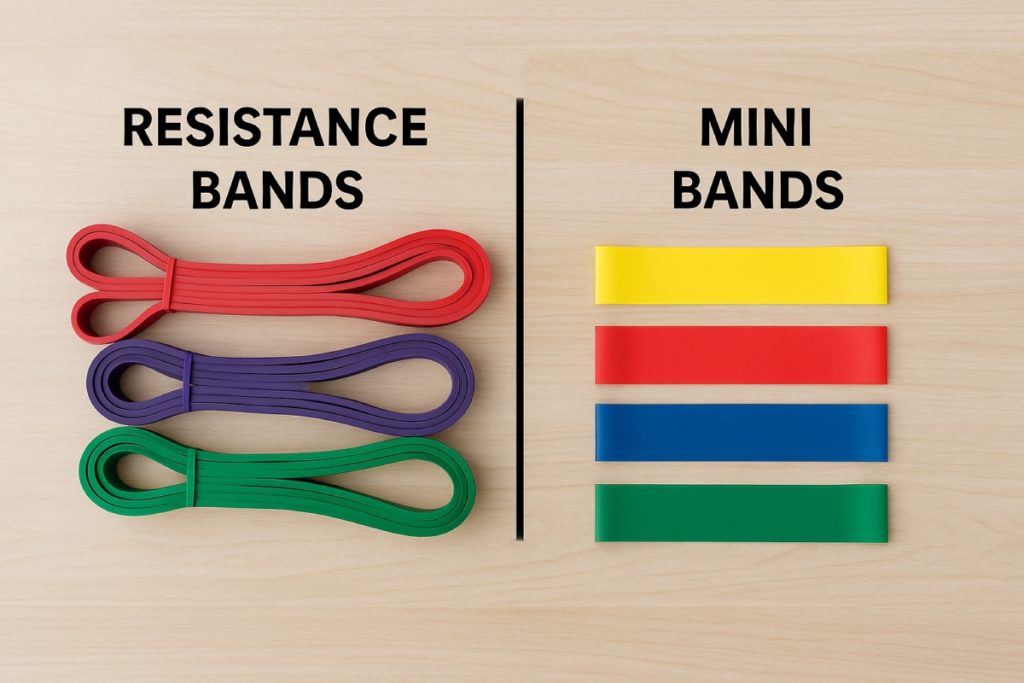 Vier lange Widerstandsbänder und vier Mini-Bands liegen nebeneinander auf hellem Holzuntergrund, mit kleiner schwarzer Aufschrift zur Unterscheidung.
